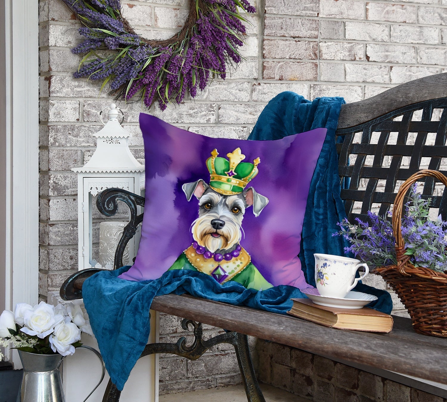 Schnauzer King of Mardi Gras Decorative Throw Pillow 18x18 Indoor Outdoor Accent Cushion, Fabric Cover with Insert for Sofa, Bed, Porch & Living Room