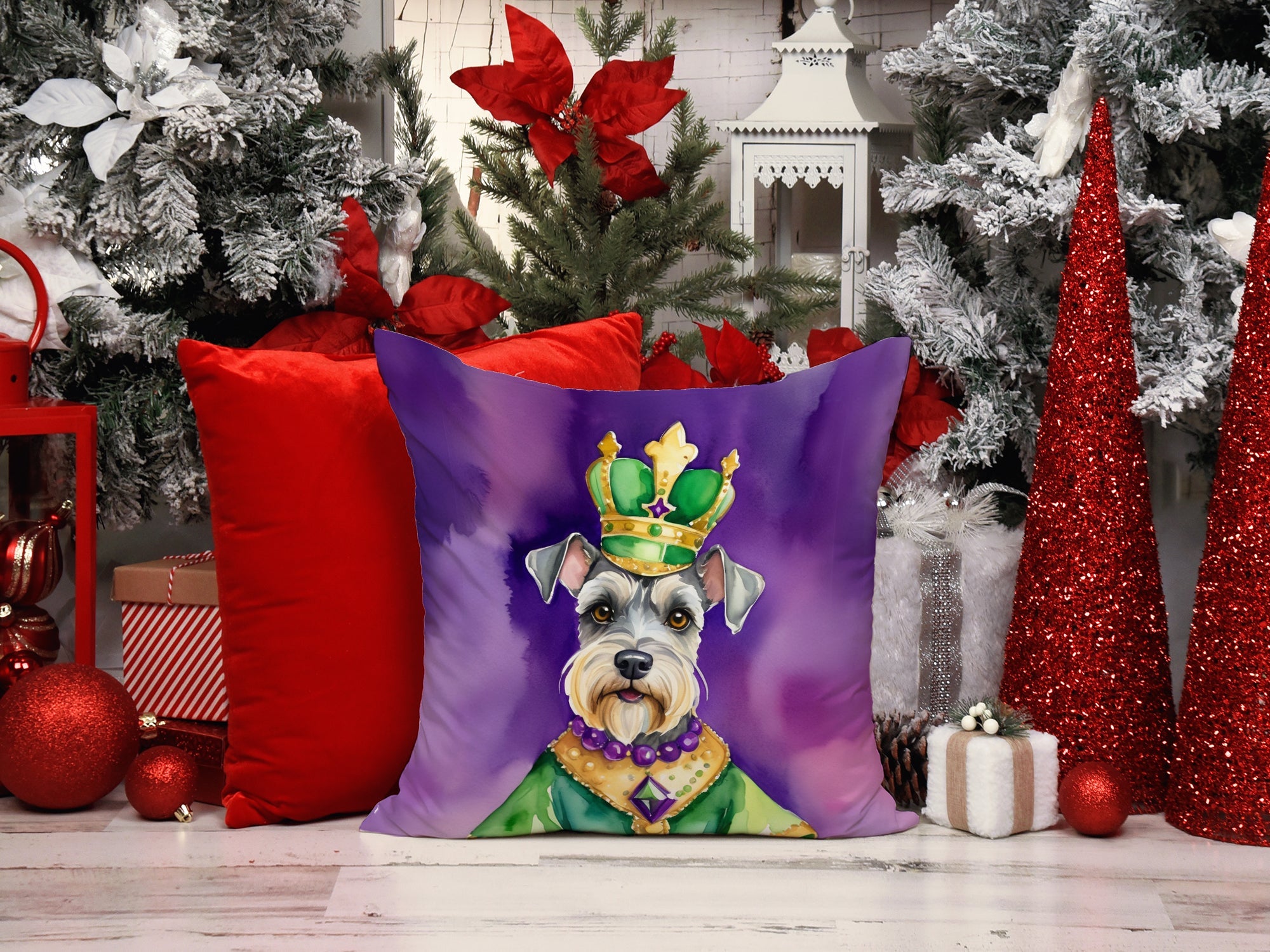 Schnauzer King of Mardi Gras Decorative Throw Pillow 18x18 Indoor Outdoor Accent Cushion, Fabric Cover with Insert for Sofa, Bed, Porch & Living Room