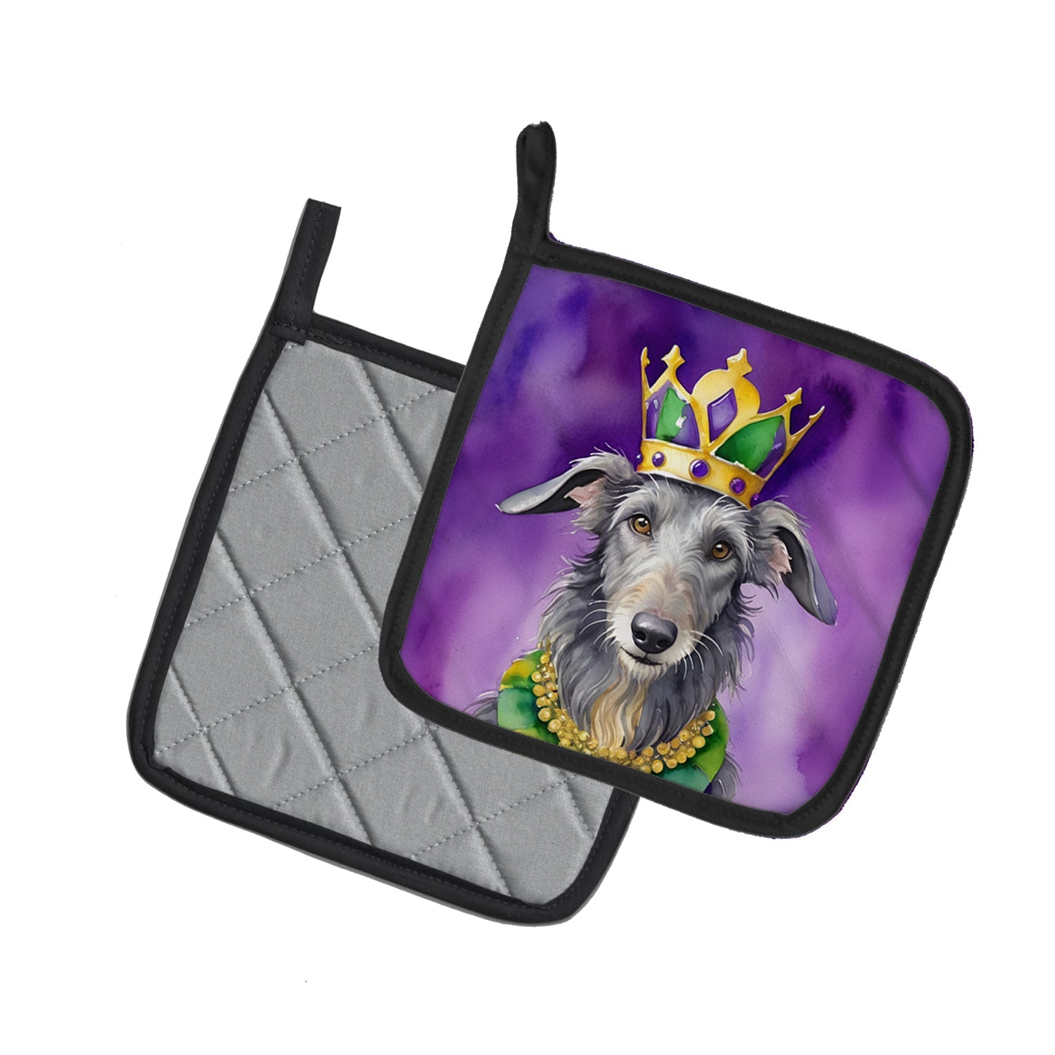Scottish Deerhound King of Mardi Gras Pot Holder Set of 2 Heat Resistant Quilted Hot Pads 7.5 x 7.5 Inch, Insulated Kitchen Trivets for Cooking & Baking