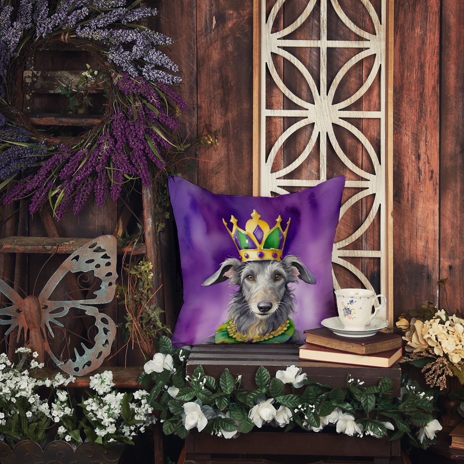 Scottish Deerhound King of Mardi Gras Decorative Throw Pillow 14x14 Indoor Outdoor Accent Cushion, Fabric Cover with Insert for Sofa, Bed, Porch & Living Room
