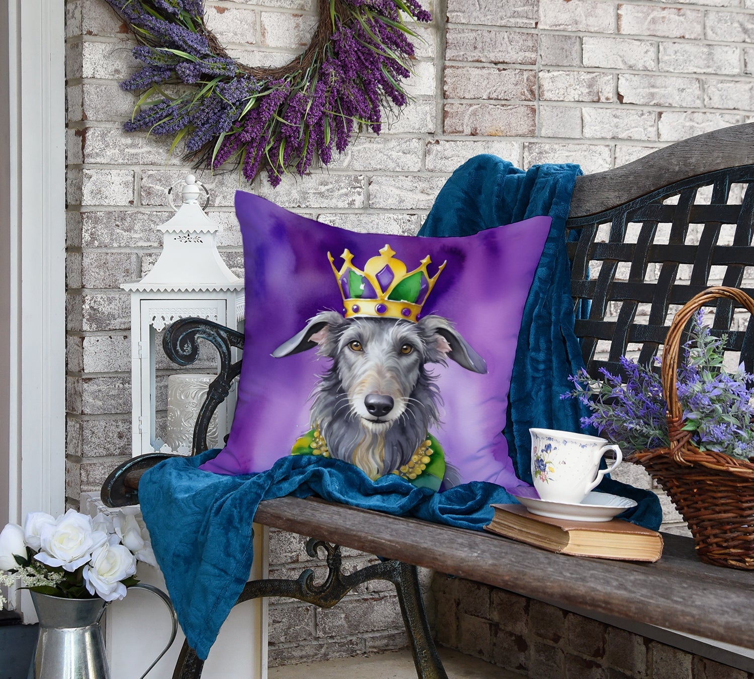 Scottish Deerhound King of Mardi Gras Decorative Throw Pillow 18x18 Indoor Outdoor Accent Cushion, Fabric Cover with Insert for Sofa, Bed, Porch & Living Room
