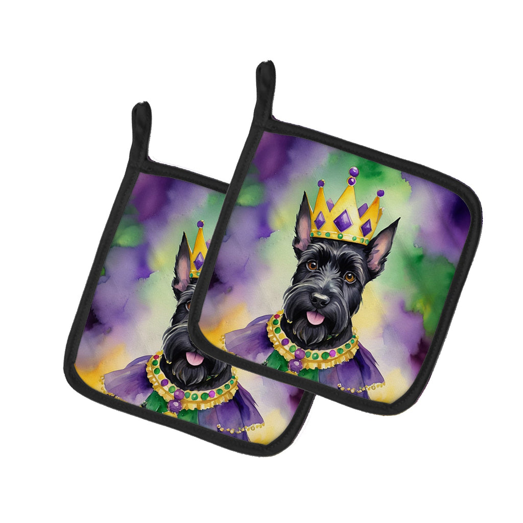 Scottish Terrier King of Mardi Gras Pot Holder Set of 2 Heat Resistant Quilted Hot Pads 7.5 x 7.5 Inch, Insulated Kitchen Trivets for Cooking & Baking