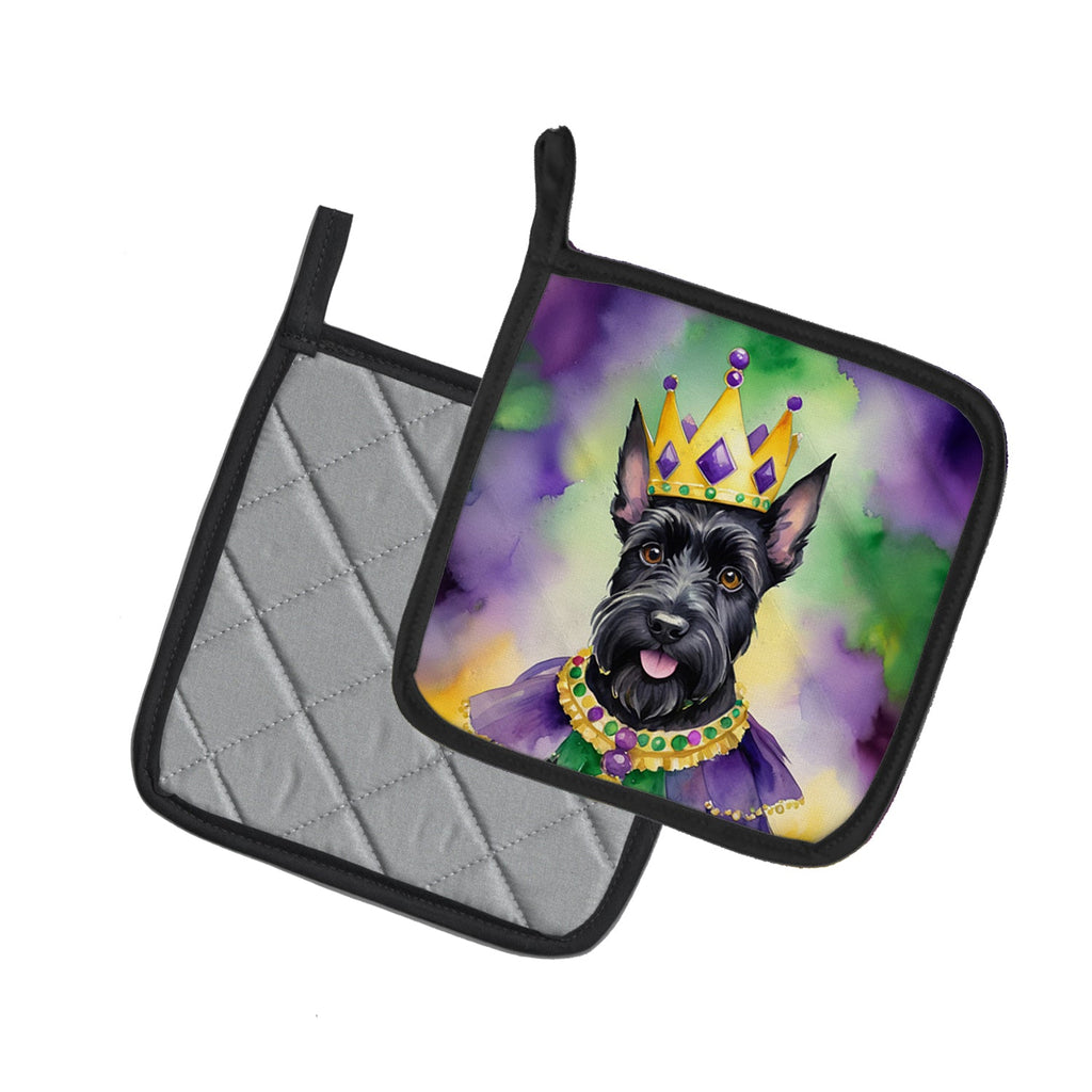 Scottish Terrier King of Mardi Gras Pot Holder Set of 2 Heat Resistant Quilted Hot Pads 7.5 x 7.5 Inch, Insulated Kitchen Trivets for Cooking & Baking