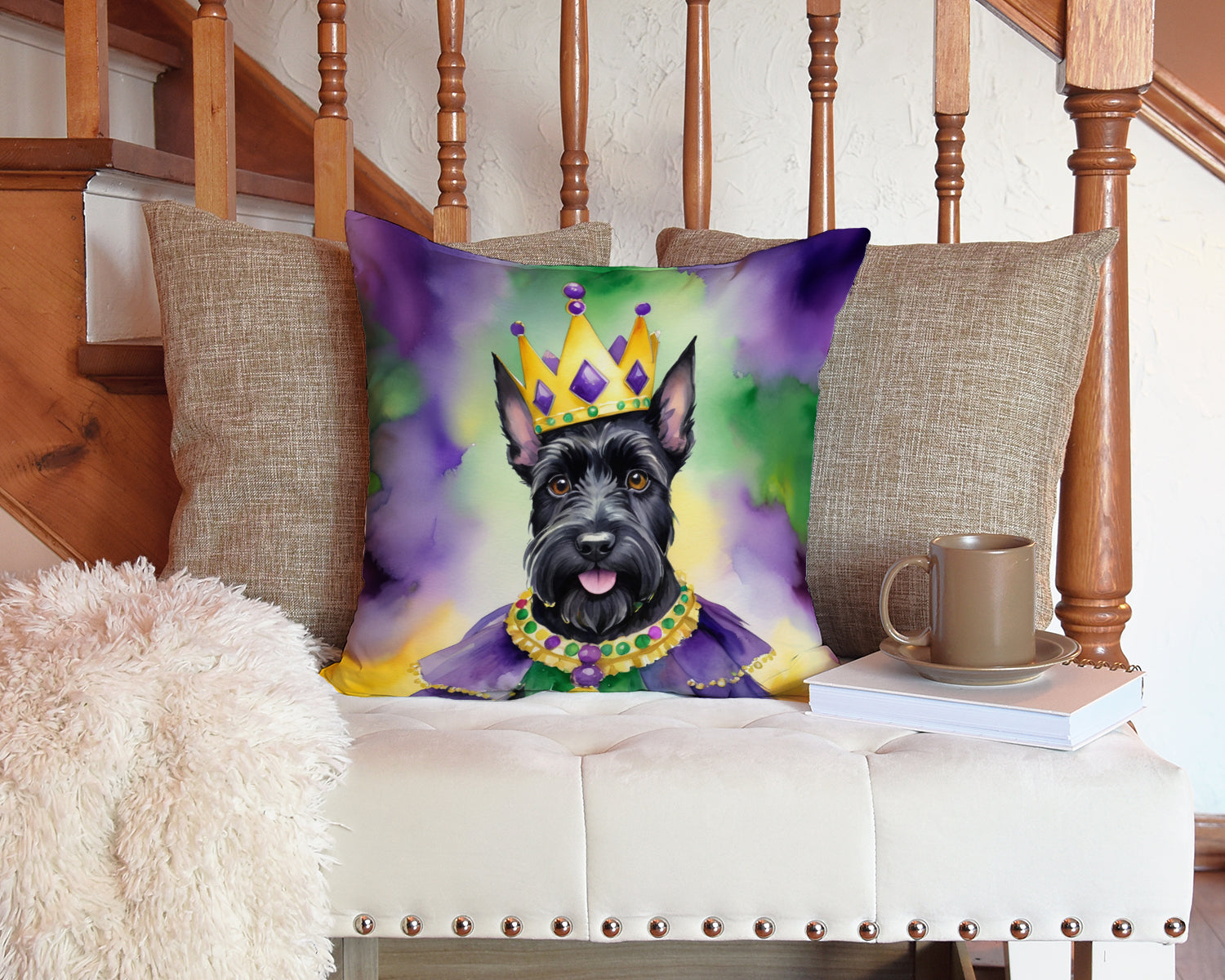 Scottish Terrier King of Mardi Gras Decorative Throw Pillow 14x14 Indoor Outdoor Accent Cushion, Fabric Cover with Insert for Sofa, Bed, Porch & Living Room