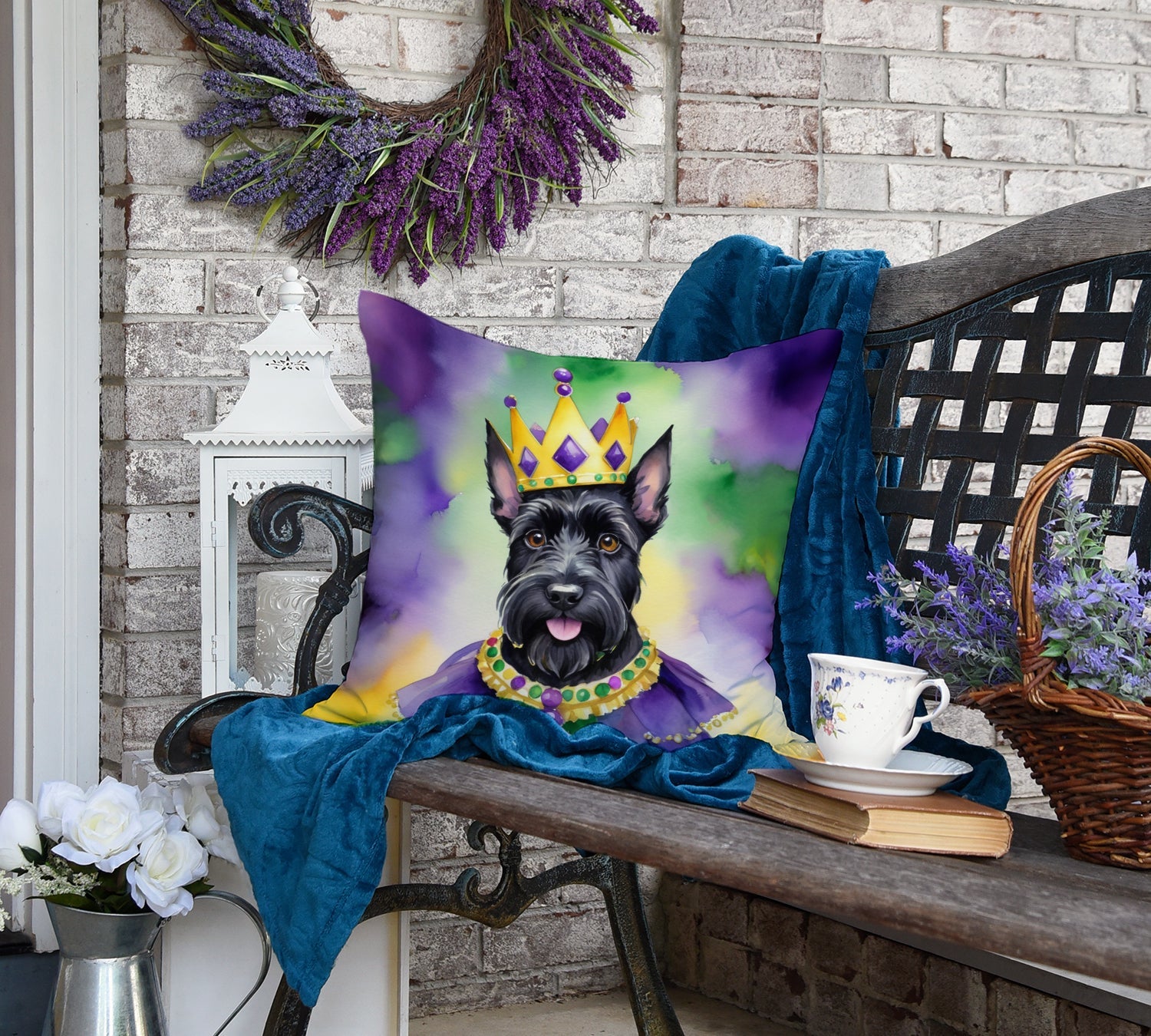 Scottish Terrier King of Mardi Gras Decorative Throw Pillow 18x18 Indoor Outdoor Accent Cushion, Fabric Cover with Insert for Sofa, Bed, Porch & Living Room