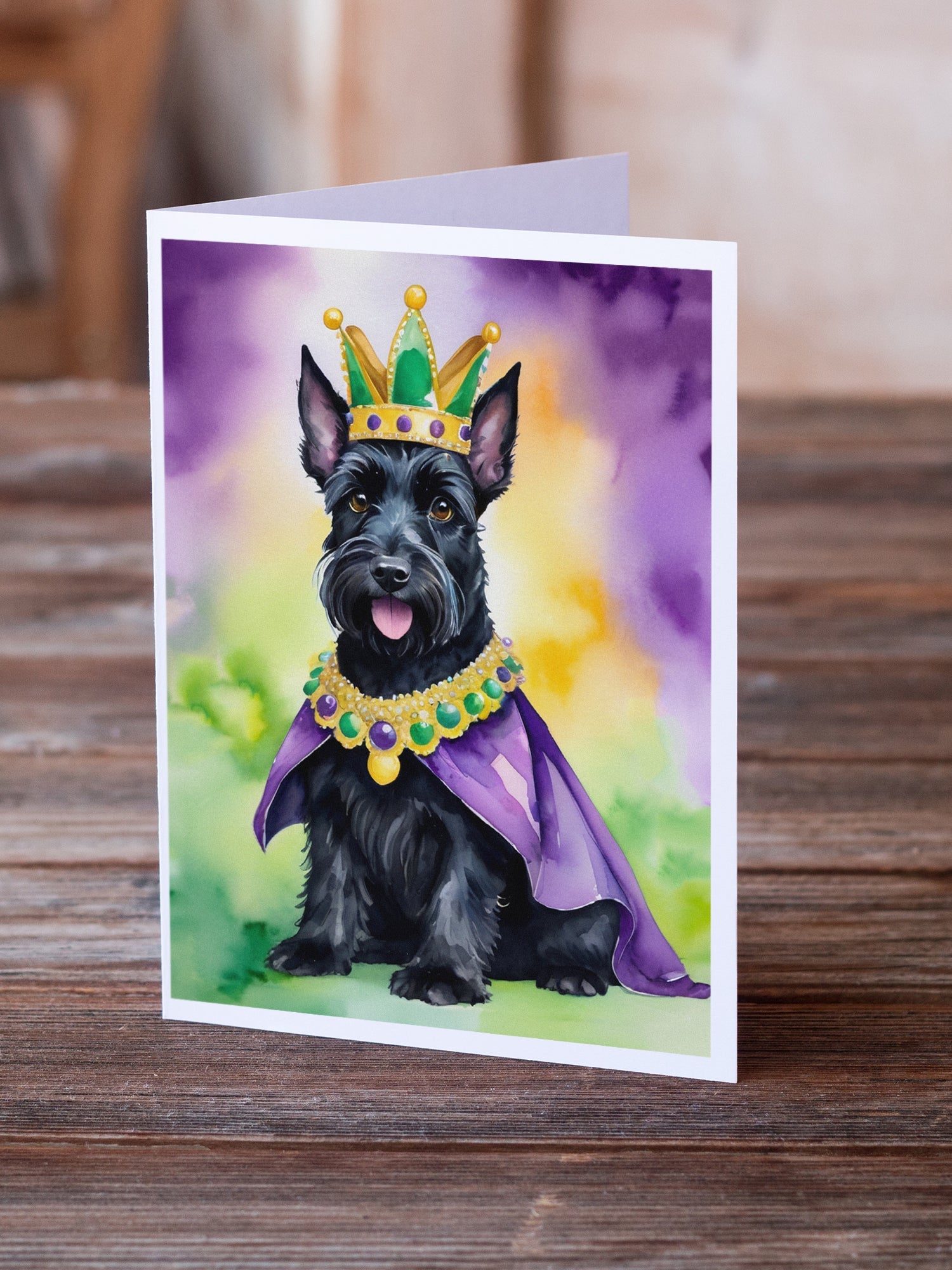 Scottish Terrier King of Mardi Gras Greeting Cards Pack of 8 Blank Cards with Envelopes Whimsical A7 Size 5x7