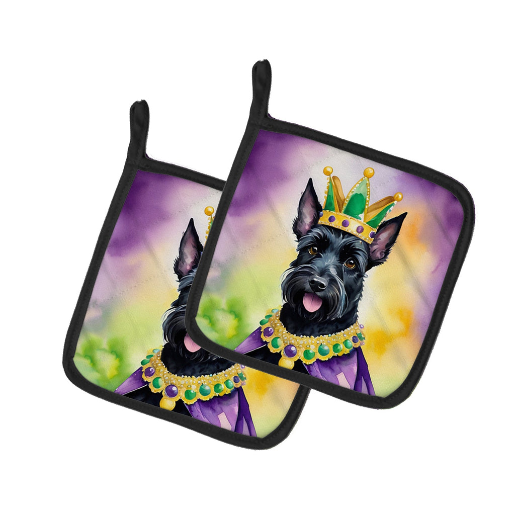 Scottish Terrier King of Mardi Gras Pot Holder Set of 2 Heat Resistant Quilted Hot Pads 7.5 x 7.5 Inch, Insulated Kitchen Trivets for Cooking & Baking