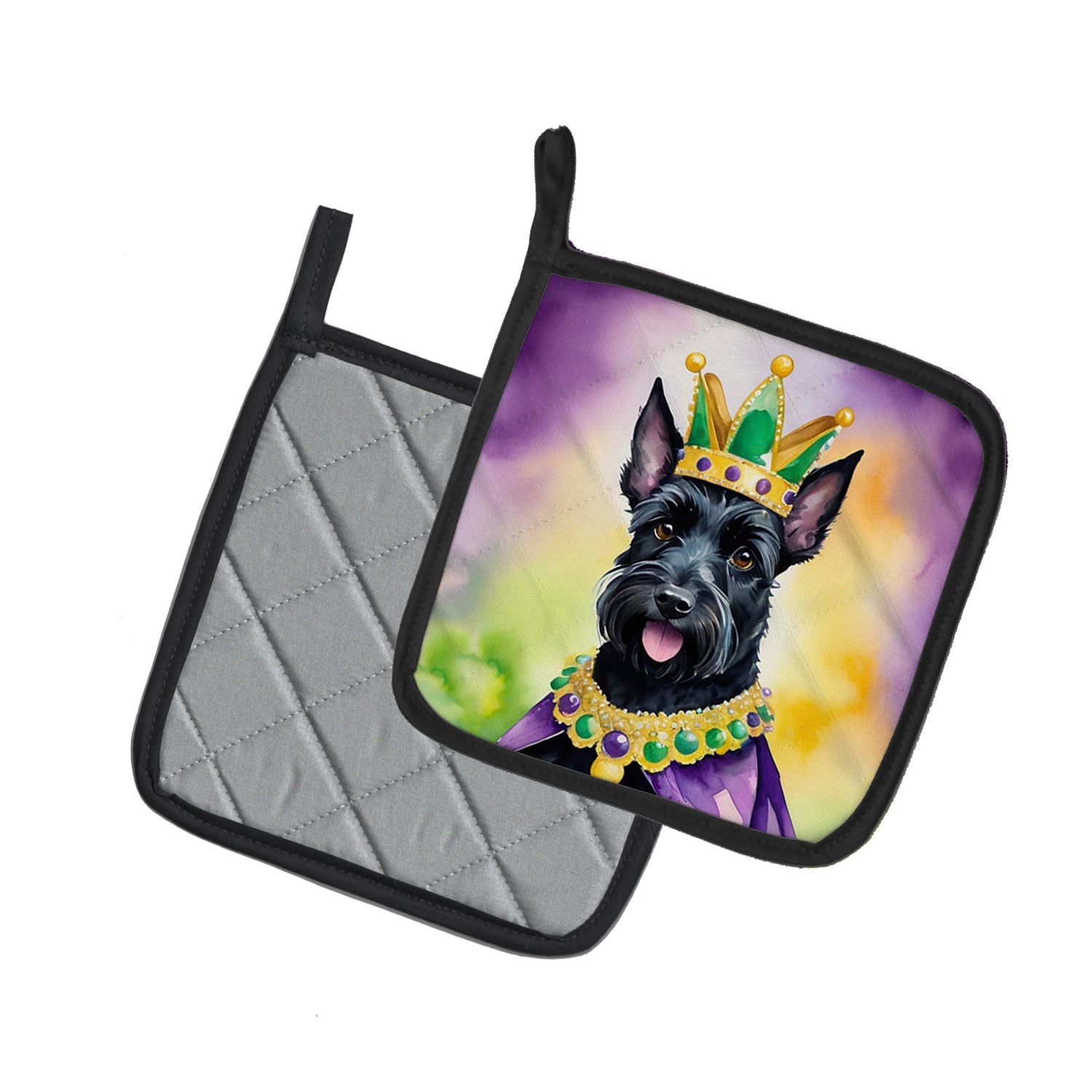 Scottish Terrier King of Mardi Gras Pot Holder Set of 2 Heat Resistant Quilted Hot Pads 7.5 x 7.5 Inch, Insulated Kitchen Trivets for Cooking & Baking