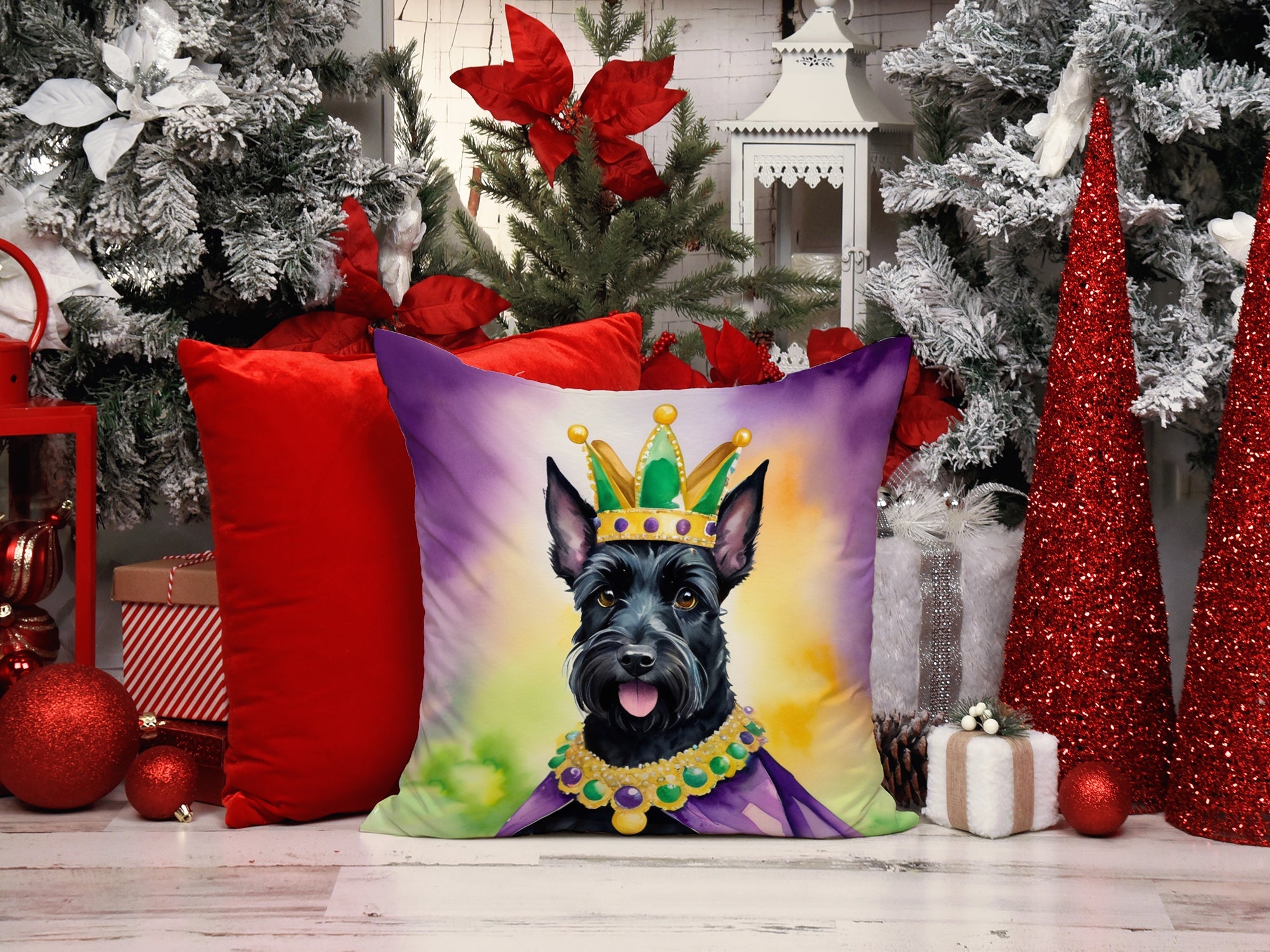 Scottish Terrier King of Mardi Gras Decorative Throw Pillow 18x18 Indoor Outdoor Accent Cushion, Fabric Cover with Insert for Sofa, Bed, Porch & Living Room