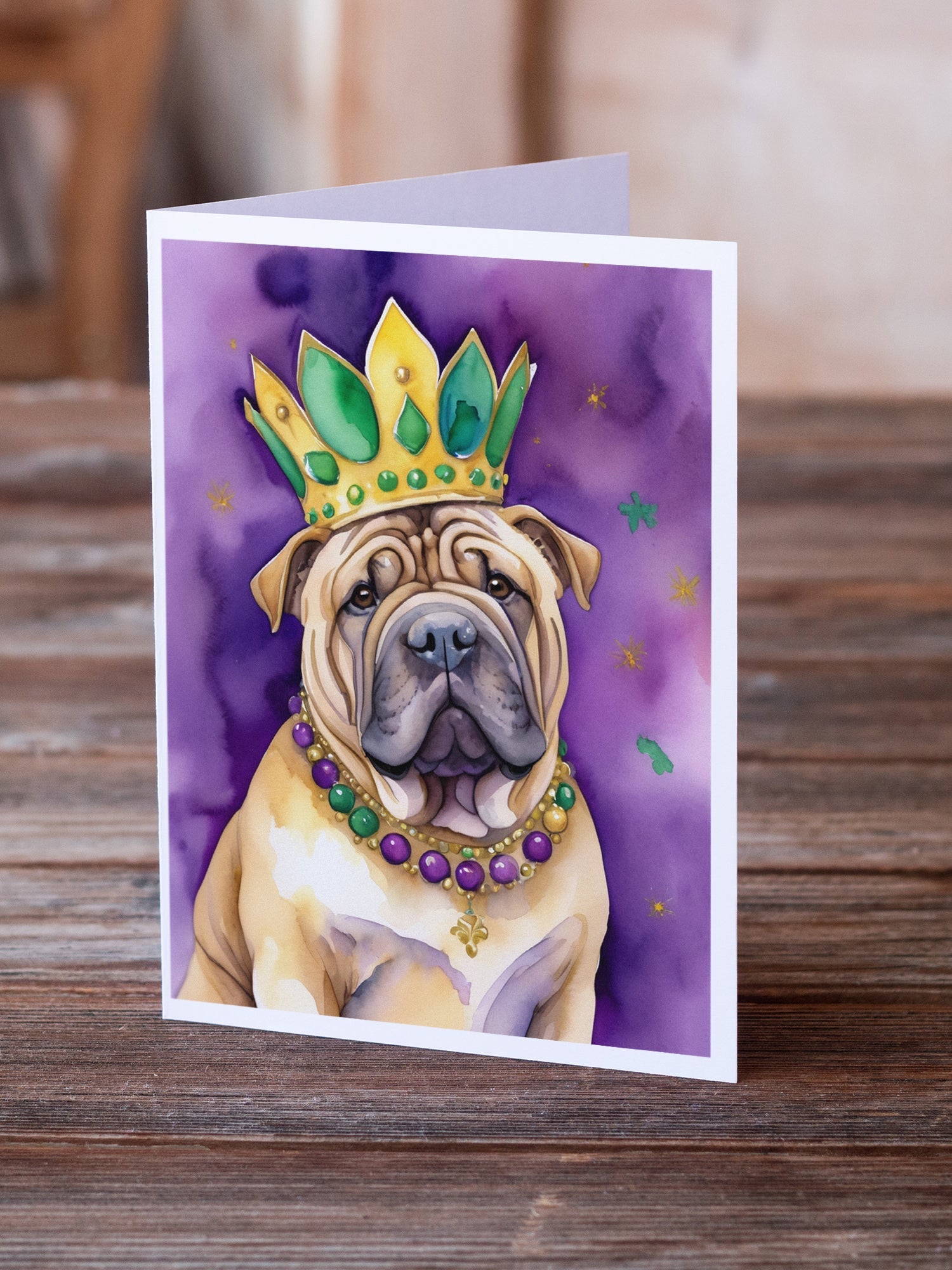 Shar Pei King of Mardi Gras Greeting Cards Pack of 8 Blank Cards with Envelopes Whimsical A7 Size 5x7