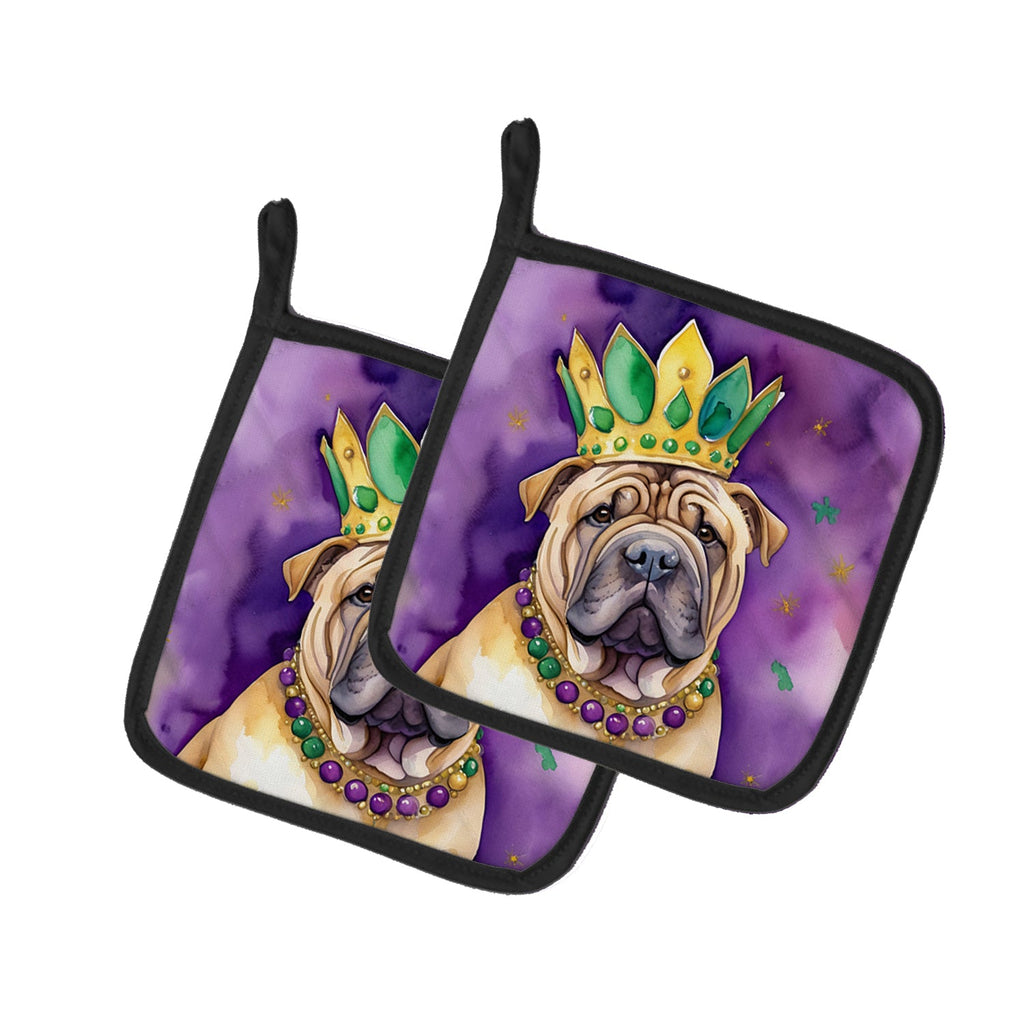 Shar Pei King of Mardi Gras Pot Holder Set of 2 Heat Resistant Quilted Hot Pads 7.5 x 7.5 Inch, Insulated Kitchen Trivets for Cooking & Baking