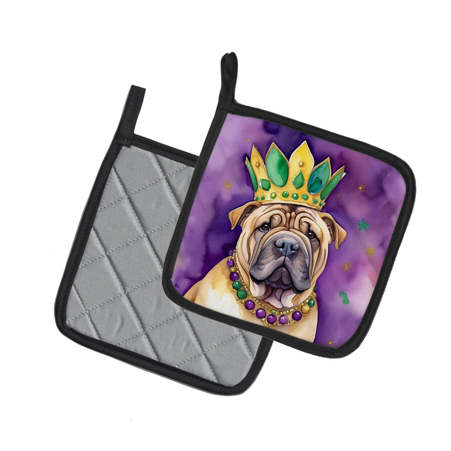 Shar Pei King of Mardi Gras Pot Holder Set of 2 Heat Resistant Quilted Hot Pads 7.5 x 7.5 Inch, Insulated Kitchen Trivets for Cooking & Baking