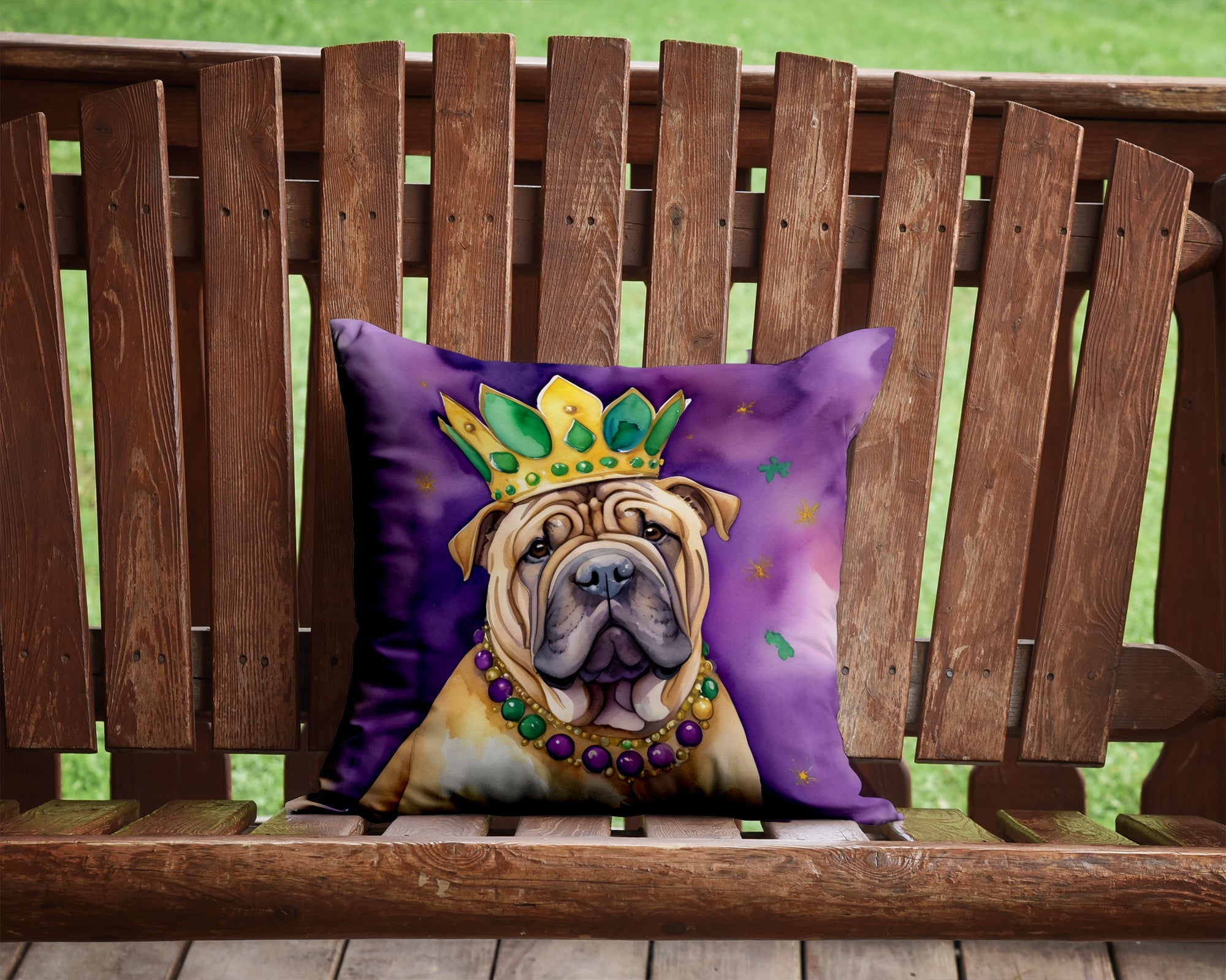 Shar Pei King of Mardi Gras Decorative Throw Pillow 14x14 Indoor Outdoor Accent Cushion, Fabric Cover with Insert for Sofa, Bed, Porch & Living Room