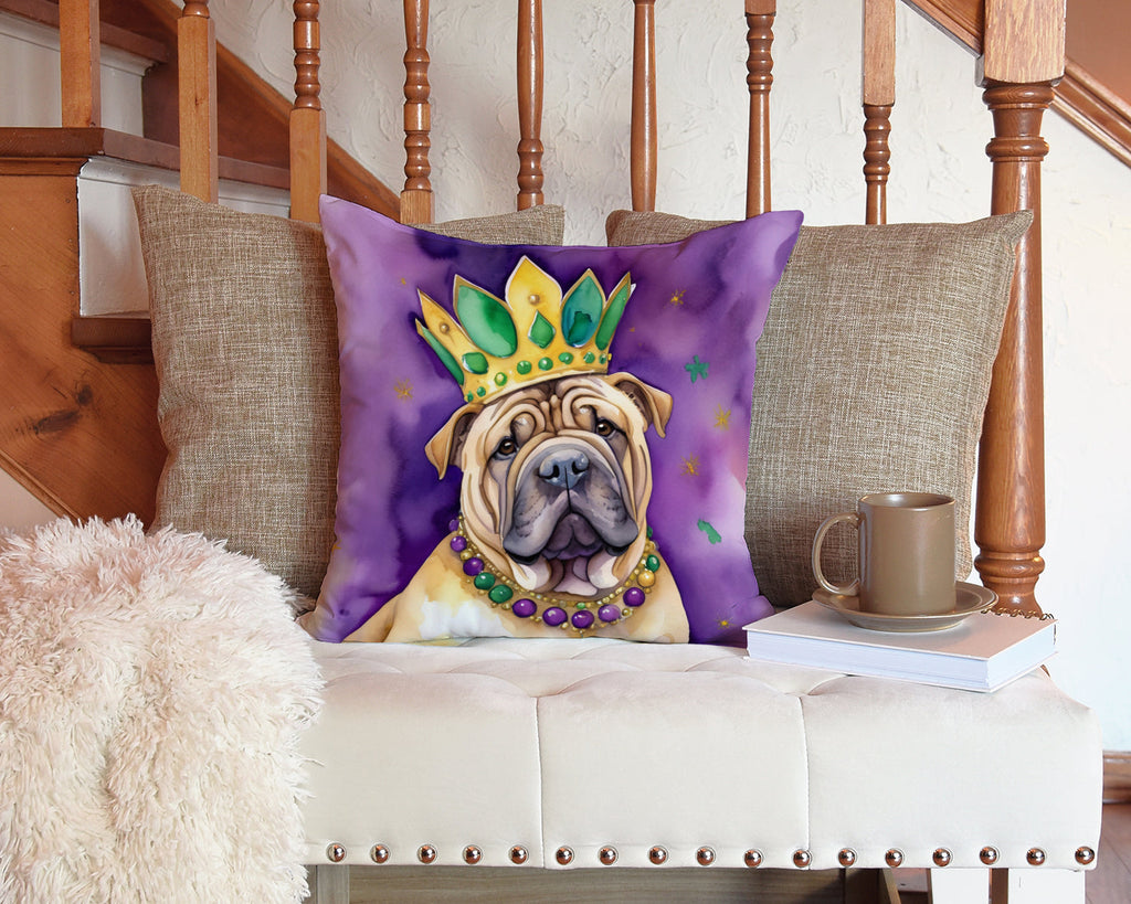 Shar Pei King of Mardi Gras Decorative Throw Pillow 14x14 Indoor Outdoor Accent Cushion, Fabric Cover with Insert for Sofa, Bed, Porch & Living Room