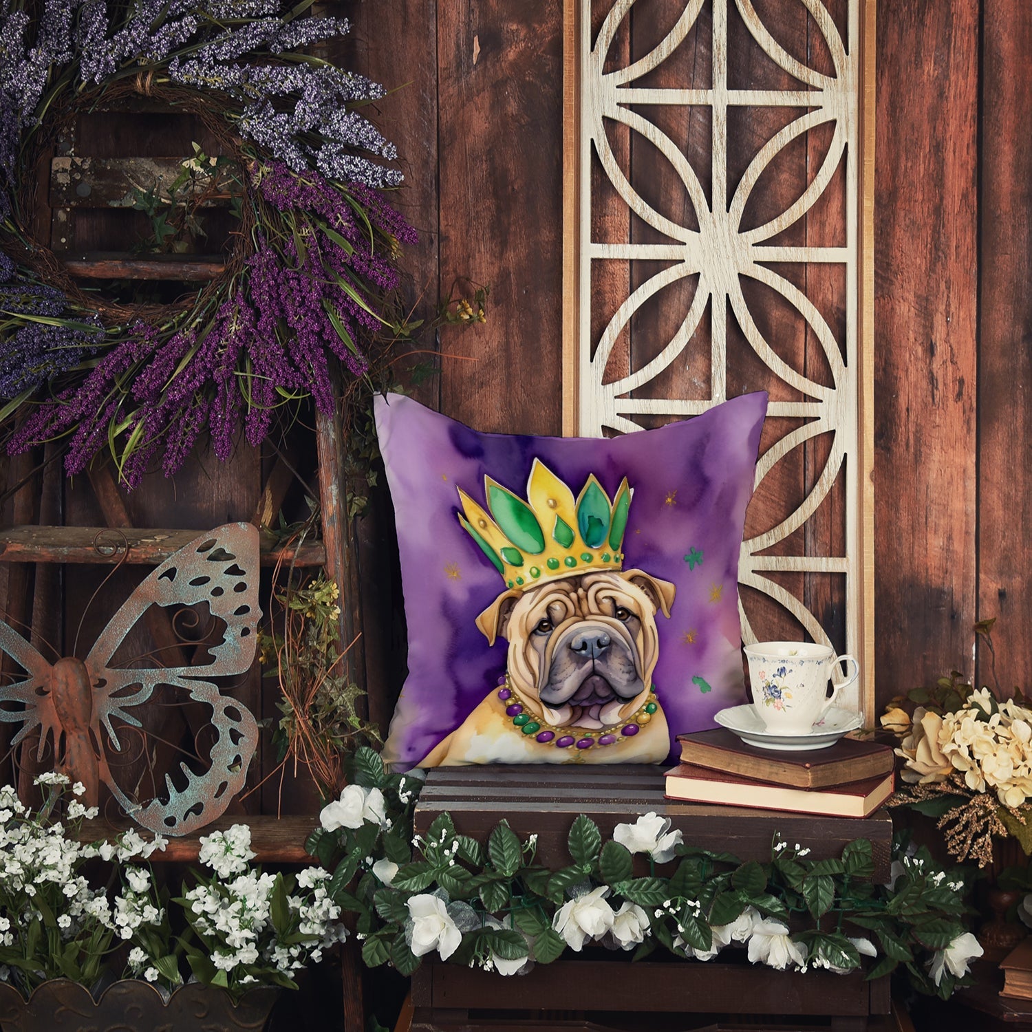 Shar Pei King of Mardi Gras Decorative Throw Pillow 14x14 Indoor Outdoor Accent Cushion, Fabric Cover with Insert for Sofa, Bed, Porch & Living Room