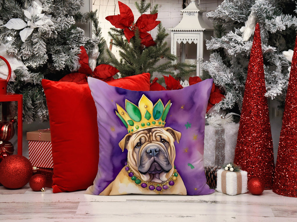 Shar Pei King of Mardi Gras Decorative Throw Pillow 14x14 Indoor Outdoor Accent Cushion, Fabric Cover with Insert for Sofa, Bed, Porch & Living Room