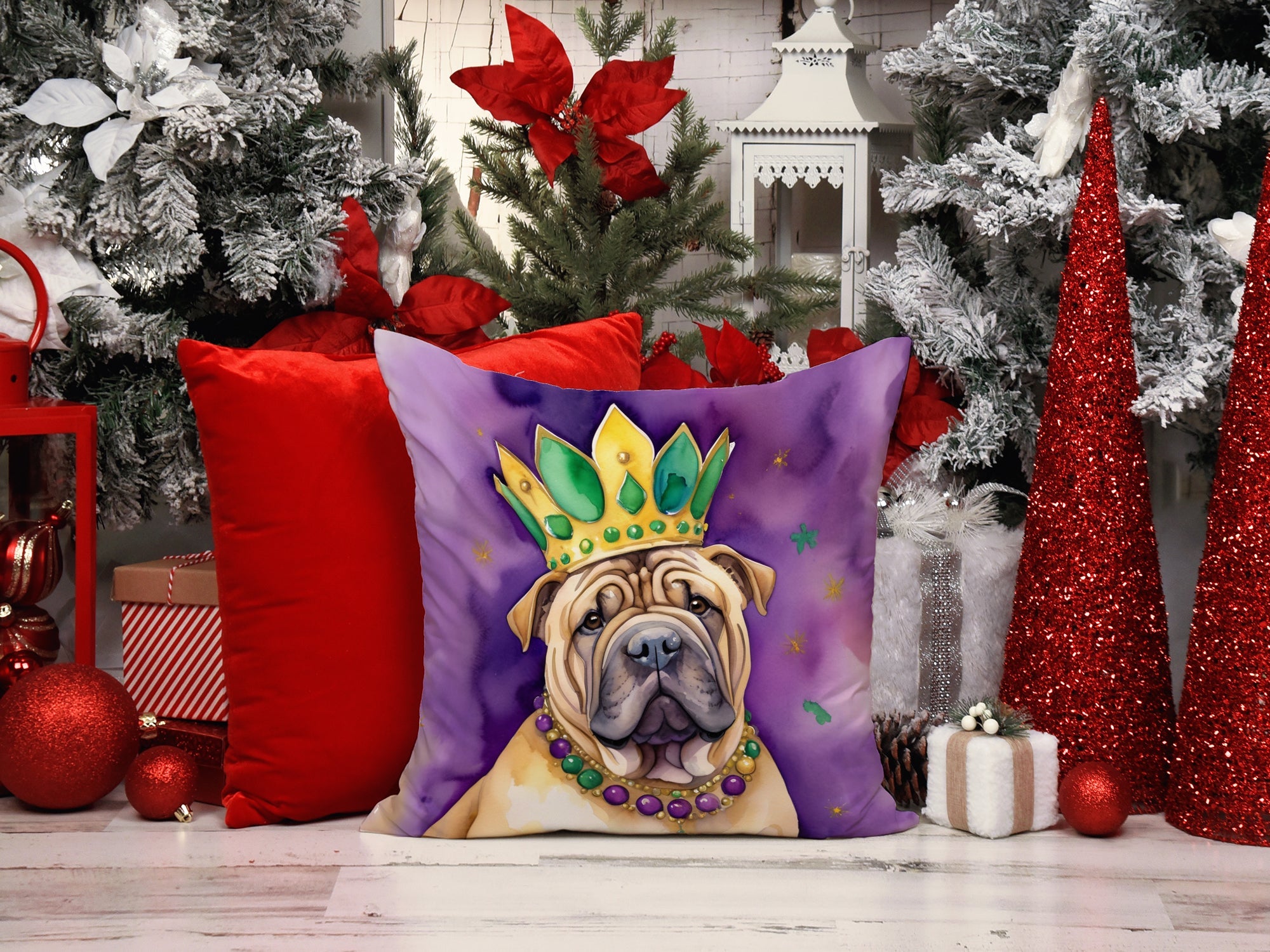Shar Pei King of Mardi Gras Decorative Throw Pillow 14x14 Indoor Outdoor Accent Cushion, Fabric Cover with Insert for Sofa, Bed, Porch & Living Room