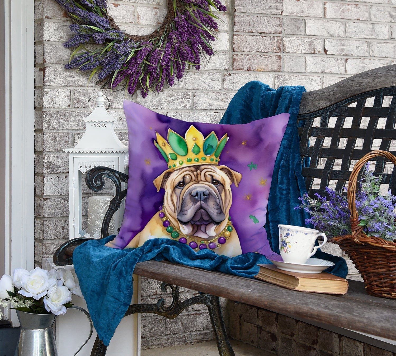 Shar Pei King of Mardi Gras Decorative Throw Pillow 18x18 Indoor Outdoor Accent Cushion, Fabric Cover with Insert for Sofa, Bed, Porch & Living Room
