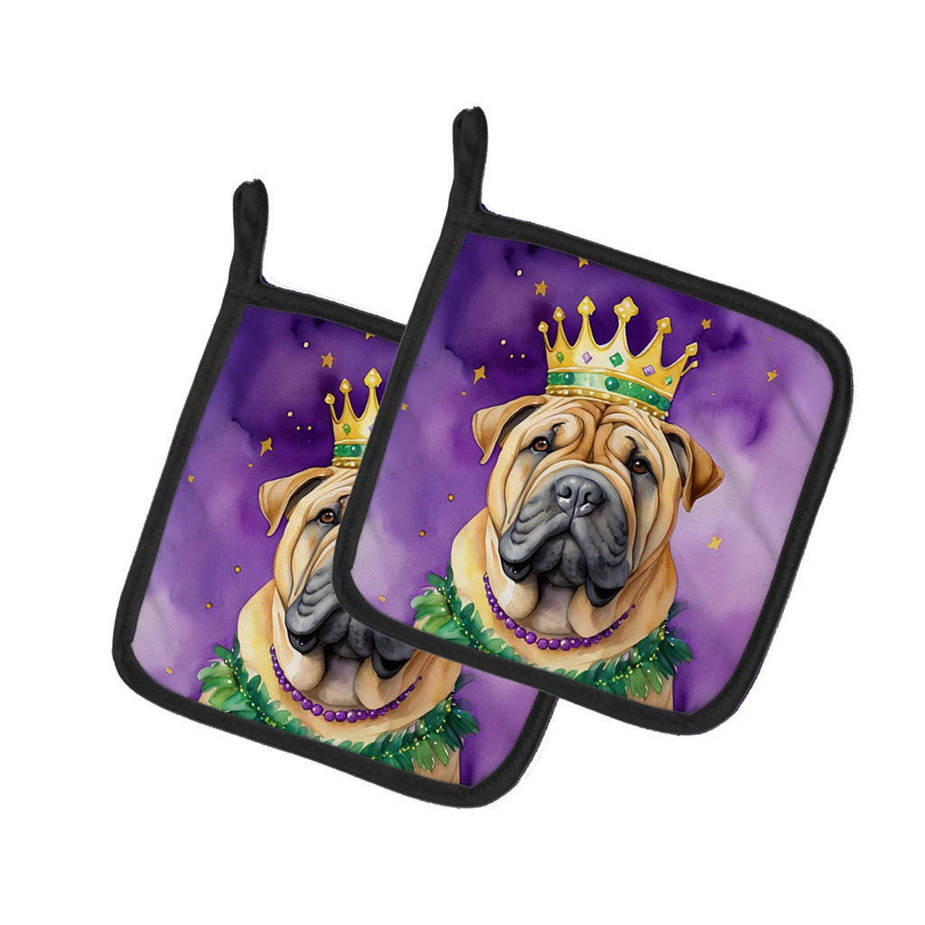 Shar Pei King of Mardi Gras Pot Holder Set of 2 Heat Resistant Quilted Hot Pads 7.5 x 7.5 Inch, Insulated Kitchen Trivets for Cooking & Baking