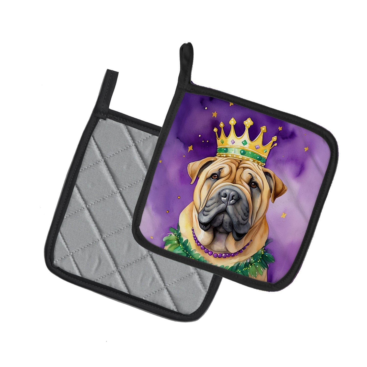 Shar Pei King of Mardi Gras Pot Holder Set of 2 Heat Resistant Quilted Hot Pads 7.5 x 7.5 Inch, Insulated Kitchen Trivets for Cooking & Baking
