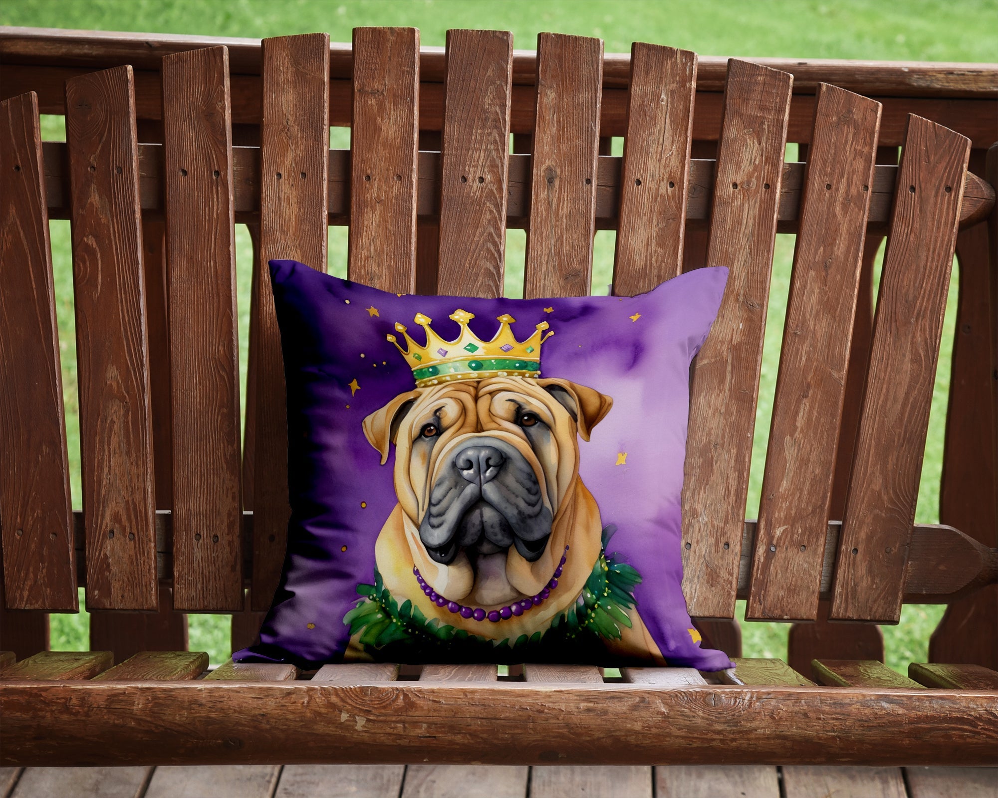 Shar Pei King of Mardi Gras Decorative Throw Pillow 14x14 Indoor Outdoor Accent Cushion, Fabric Cover with Insert for Sofa, Bed, Porch & Living Room