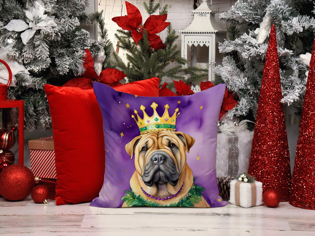 Shar Pei King of Mardi Gras Decorative Throw Pillow 14x14 Indoor Outdoor Accent Cushion, Fabric Cover with Insert for Sofa, Bed, Porch & Living Room