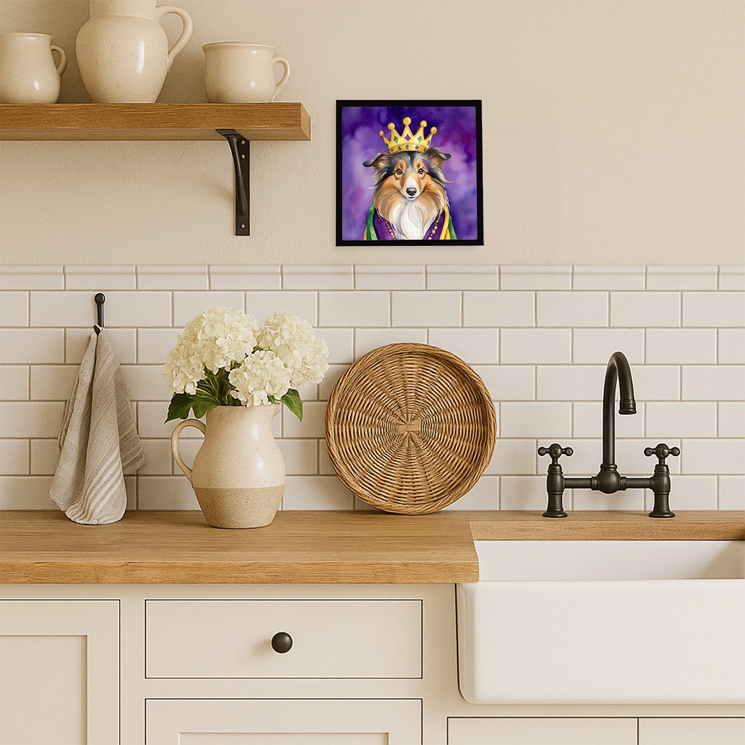 Sheltie King of Mardi Gras Framed Metal Print Bathroom, Kitchen, Office, Home Decor Wall Art Ready to Hang, Square, 8X8