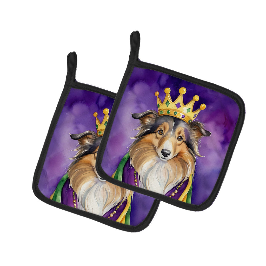 Sheltie King of Mardi Gras Pot Holder Set of 2 Heat Resistant Quilted Hot Pads 7.5 x 7.5 Inch, Insulated Kitchen Trivets for Cooking & Baking