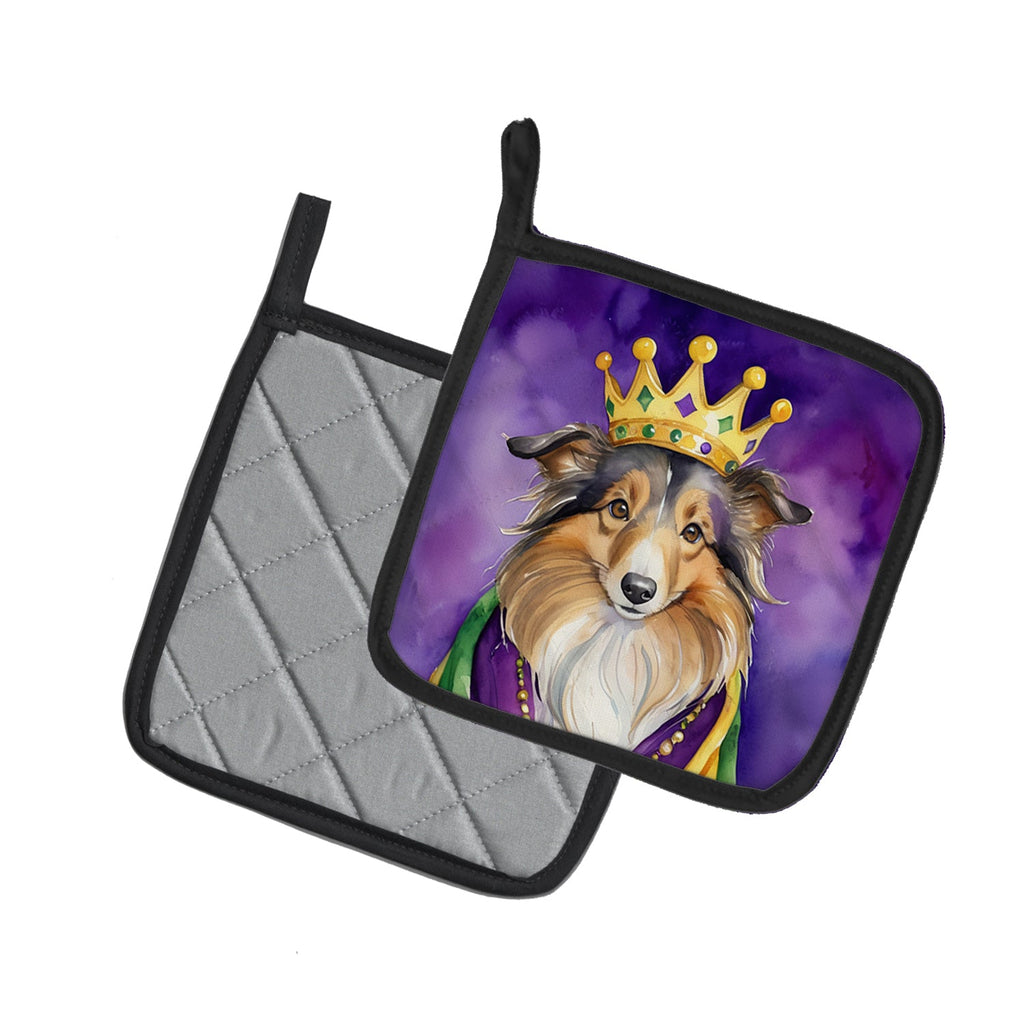 Sheltie King of Mardi Gras Pot Holder Set of 2 Heat Resistant Quilted Hot Pads 7.5 x 7.5 Inch, Insulated Kitchen Trivets for Cooking & Baking