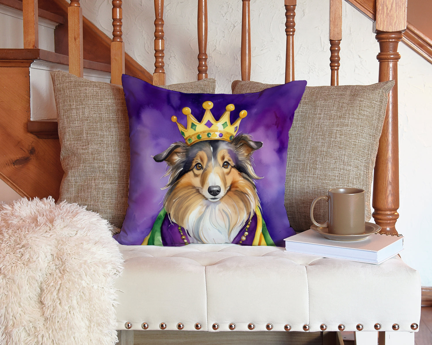 Sheltie King of Mardi Gras Decorative Throw Pillow 14x14 Indoor Outdoor Accent Cushion, Fabric Cover with Insert for Sofa, Bed, Porch & Living Room