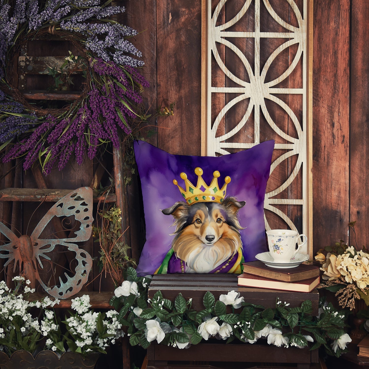 Sheltie King of Mardi Gras Decorative Throw Pillow 18x18 Indoor Outdoor Accent Cushion, Fabric Cover with Insert for Sofa, Bed, Porch & Living Room