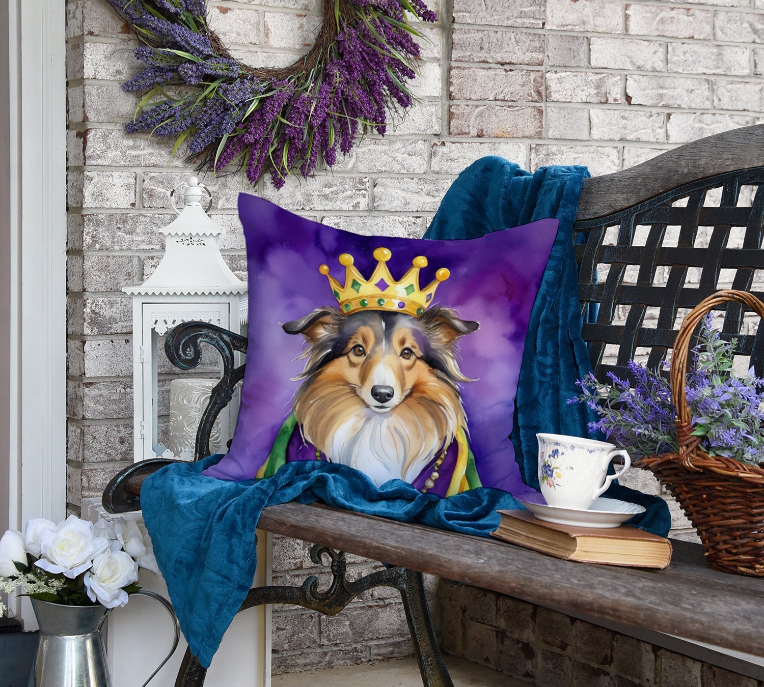 Sheltie King of Mardi Gras Decorative Throw Pillow 18x18 Indoor Outdoor Accent Cushion, Fabric Cover with Insert for Sofa, Bed, Porch & Living Room