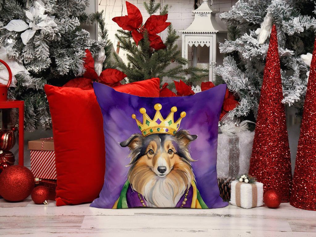 Sheltie King of Mardi Gras Decorative Throw Pillow 18x18 Indoor Outdoor Accent Cushion, Fabric Cover with Insert for Sofa, Bed, Porch & Living Room
