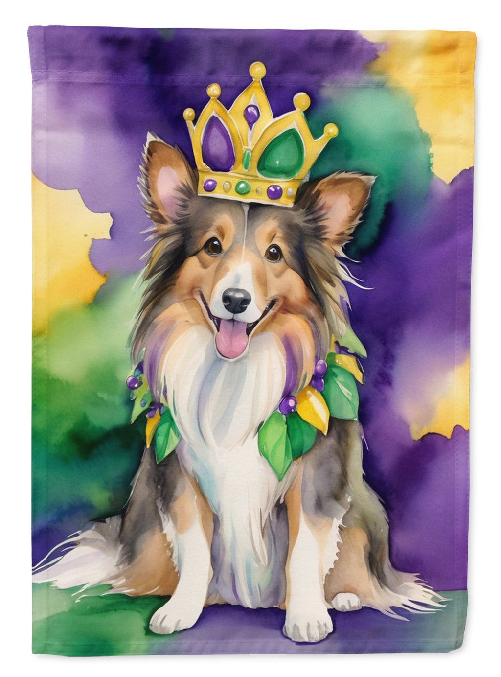 Sheltie King of Mardi Gras House Flag 28x40 Porch Sleeve Pole Decorative Outside Yard Banner Artwork Wall Hanging, Polyester