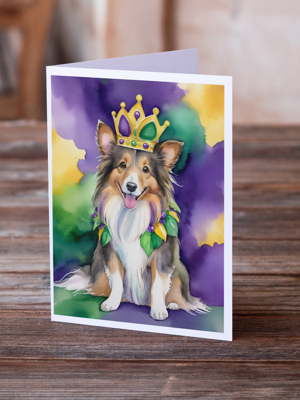 Sheltie King of Mardi Gras Greeting Cards Pack of 8 Blank Cards with Envelopes Whimsical A7 Size 5x7