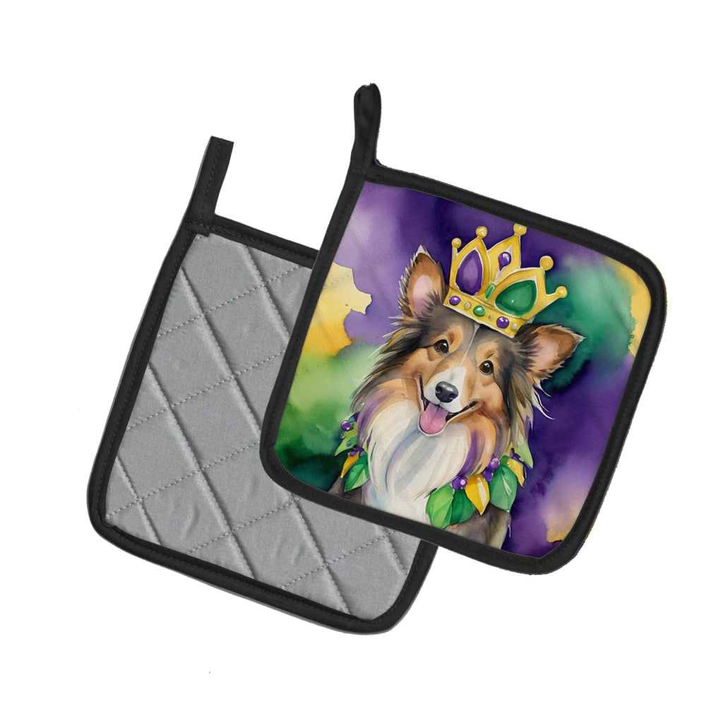 Sheltie King of Mardi Gras Pot Holder Set of 2 Heat Resistant Quilted Hot Pads 7.5 x 7.5 Inch, Insulated Kitchen Trivets for Cooking & Baking