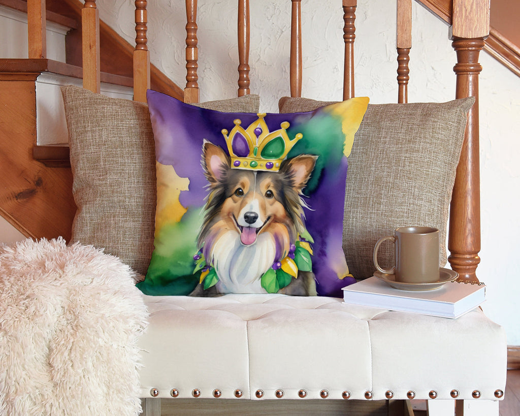 Sheltie King of Mardi Gras Decorative Throw Pillow 14x14 Indoor Outdoor Accent Cushion, Fabric Cover with Insert for Sofa, Bed, Porch & Living Room