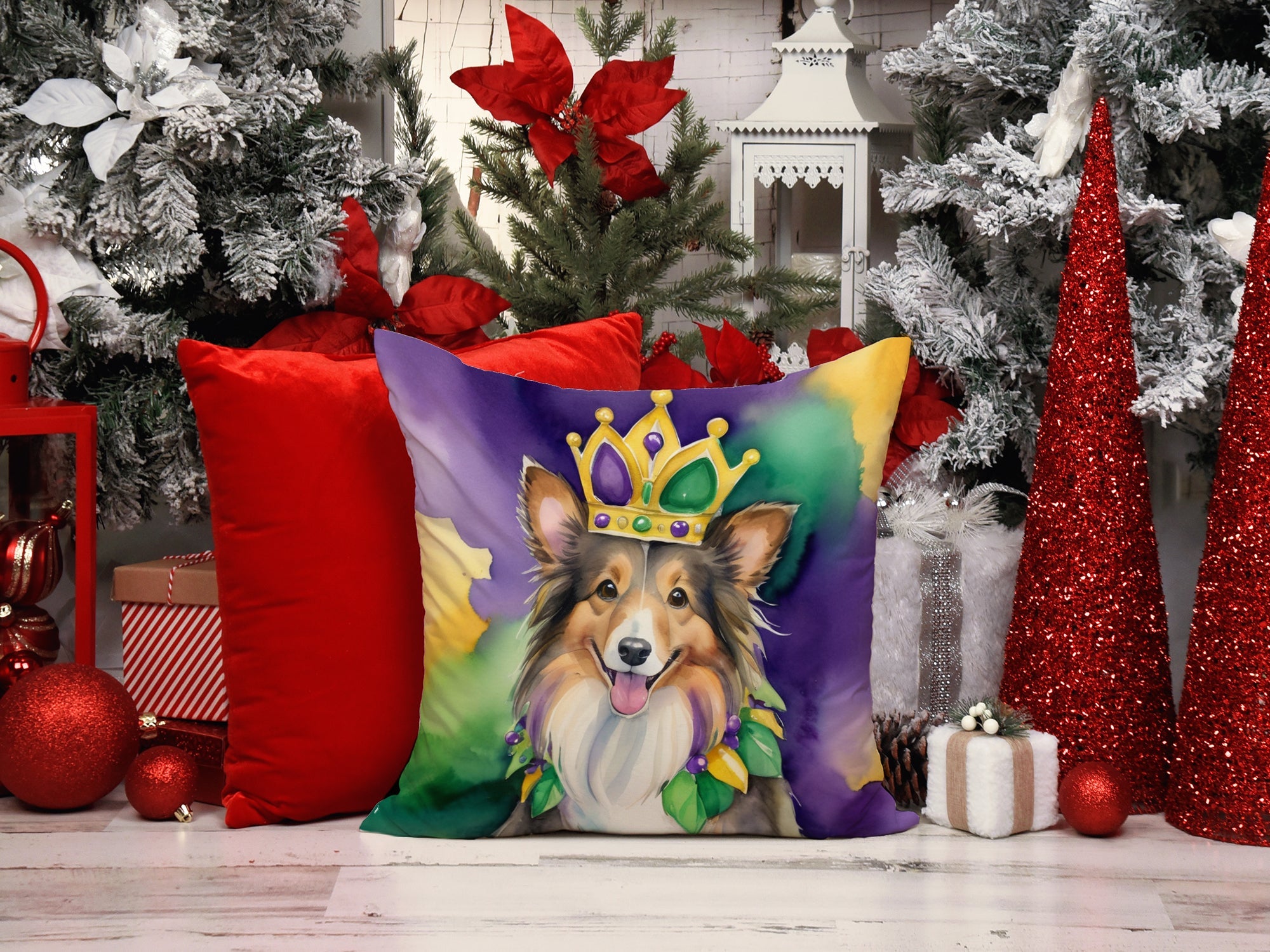 Sheltie King of Mardi Gras Decorative Throw Pillow 14x14 Indoor Outdoor Accent Cushion, Fabric Cover with Insert for Sofa, Bed, Porch & Living Room