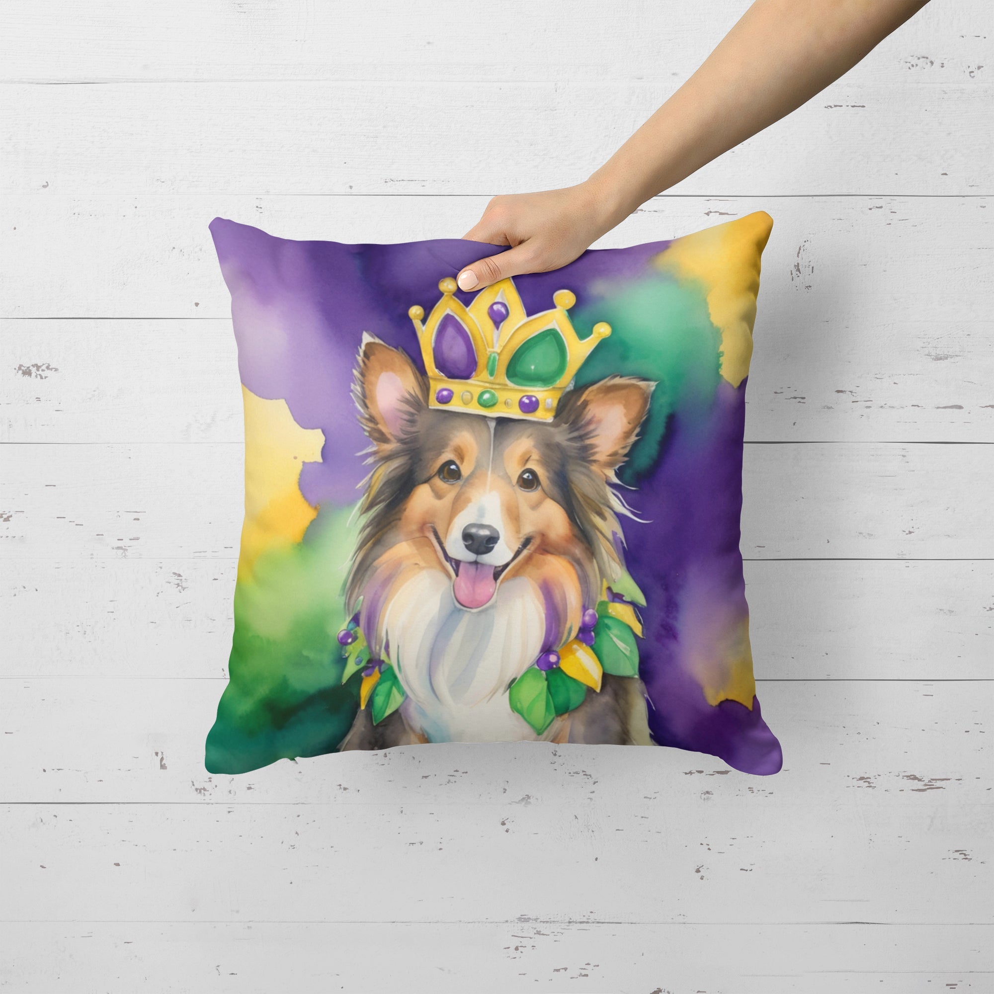 Sheltie King of Mardi Gras Decorative Throw Pillow 18x18 Indoor Outdoor Accent Cushion, Fabric Cover with Insert for Sofa, Bed, Porch & Living Room