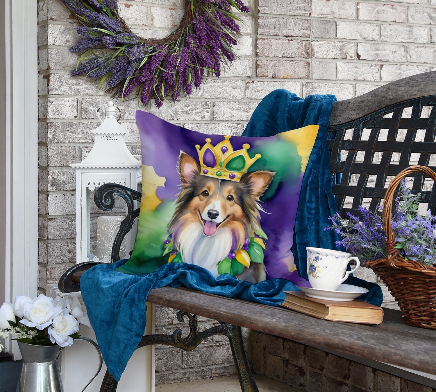 Sheltie King of Mardi Gras Decorative Throw Pillow 18x18 Indoor Outdoor Accent Cushion, Fabric Cover with Insert for Sofa, Bed, Porch & Living Room