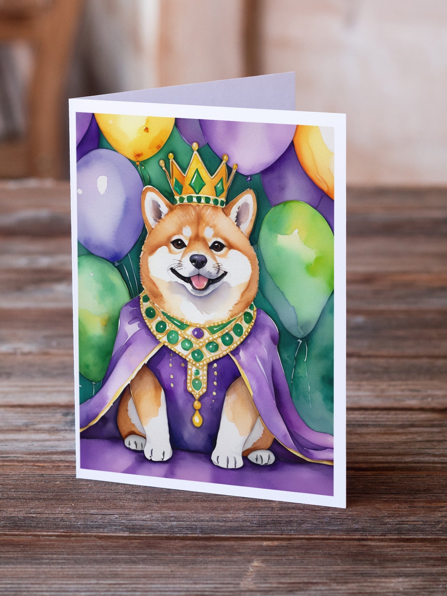 Shiba Inu King of Mardi Gras Greeting Cards Pack of 8 Blank Cards with Envelopes Whimsical A7 Size 5x7