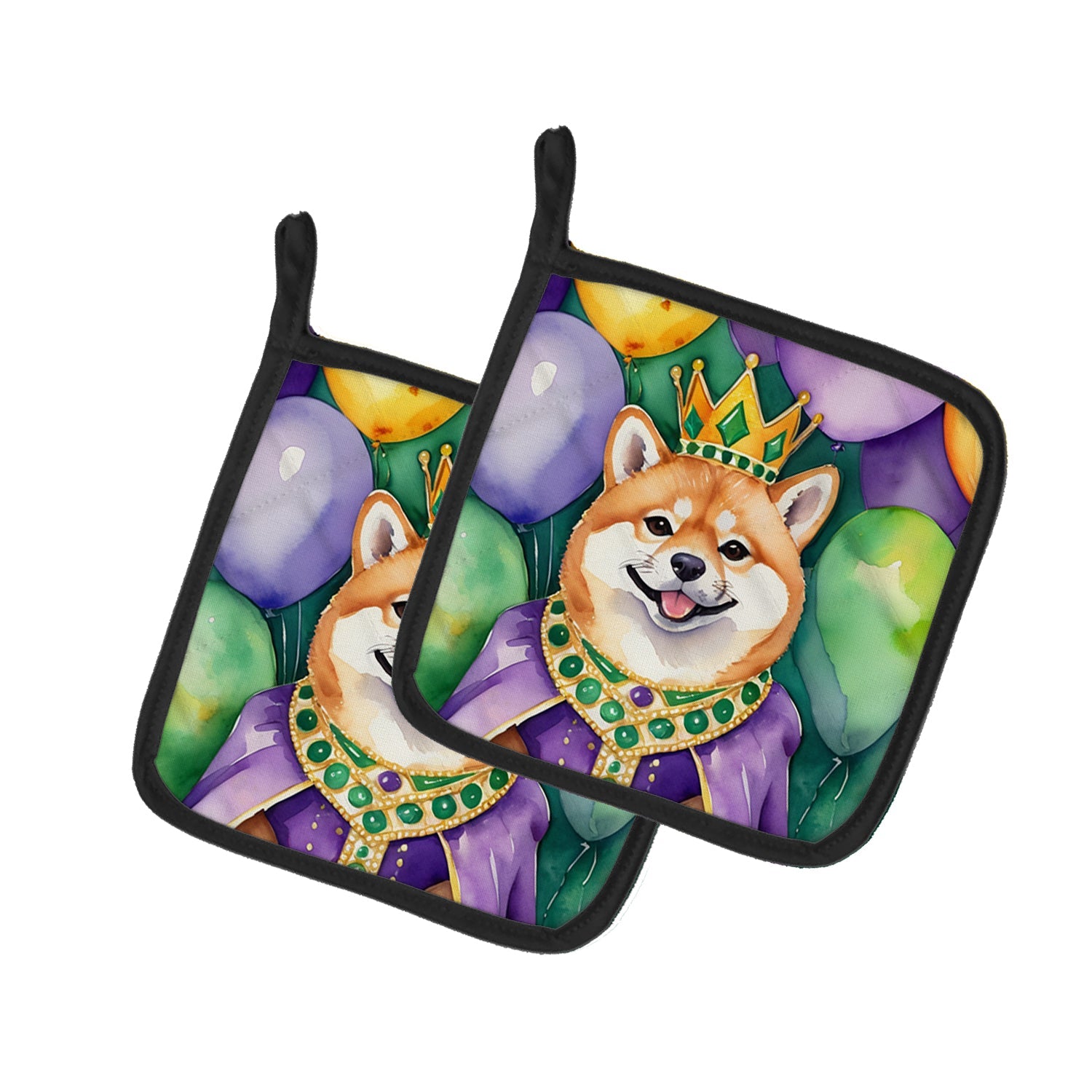 Shiba Inu King of Mardi Gras Pot Holder Set of 2 Heat Resistant Quilted Hot Pads 7.5 x 7.5 Inch, Insulated Kitchen Trivets for Cooking & Baking