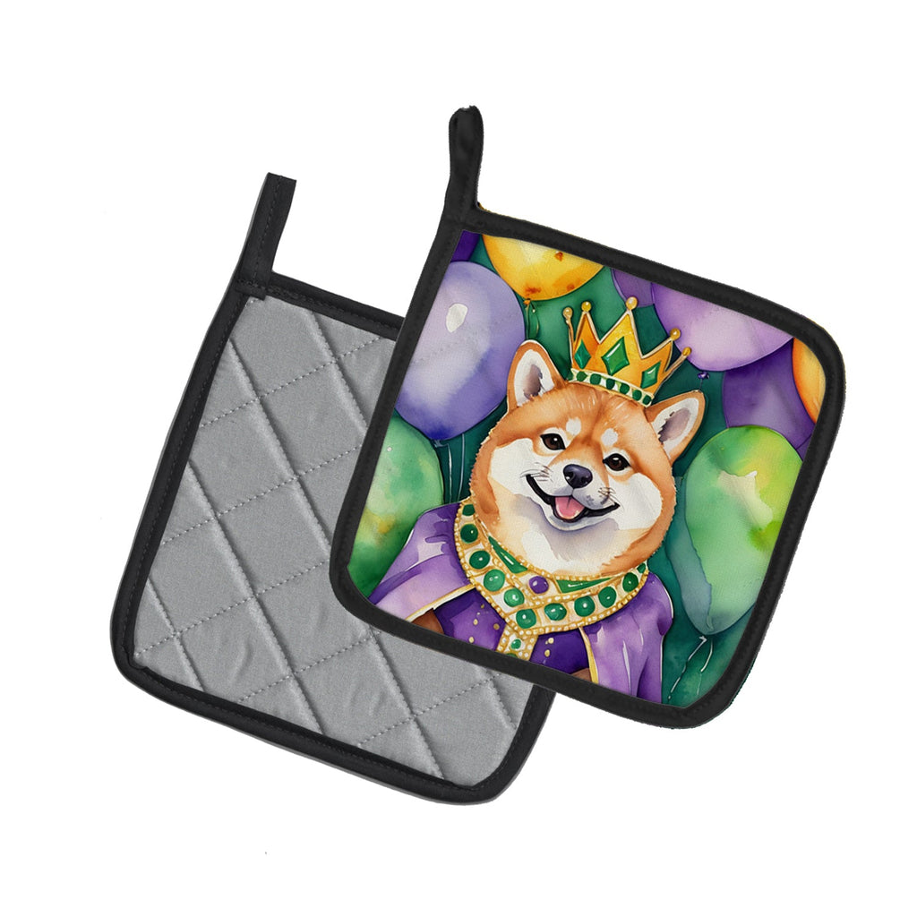 Shiba Inu King of Mardi Gras Pot Holder Set of 2 Heat Resistant Quilted Hot Pads 7.5 x 7.5 Inch, Insulated Kitchen Trivets for Cooking & Baking