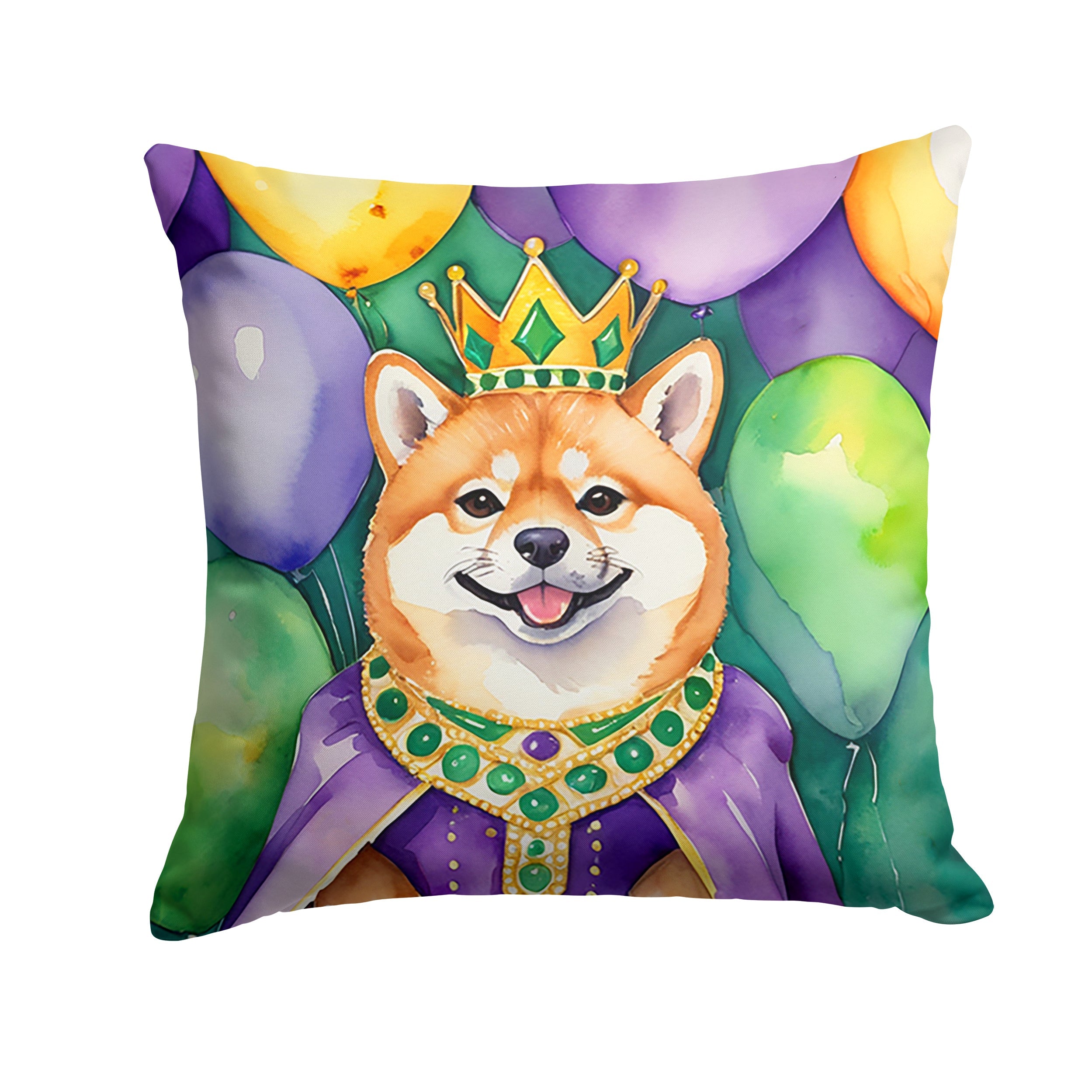 Shiba Inu King of Mardi Gras Decorative Throw Pillow 14x14 Indoor Outdoor Accent Cushion, Fabric Cover with Insert for Sofa, Bed, Porch & Living Room