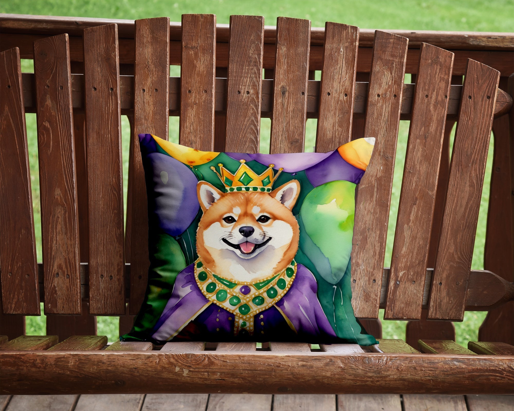 Shiba Inu King of Mardi Gras Decorative Throw Pillow 14x14 Indoor Outdoor Accent Cushion, Fabric Cover with Insert for Sofa, Bed, Porch & Living Room