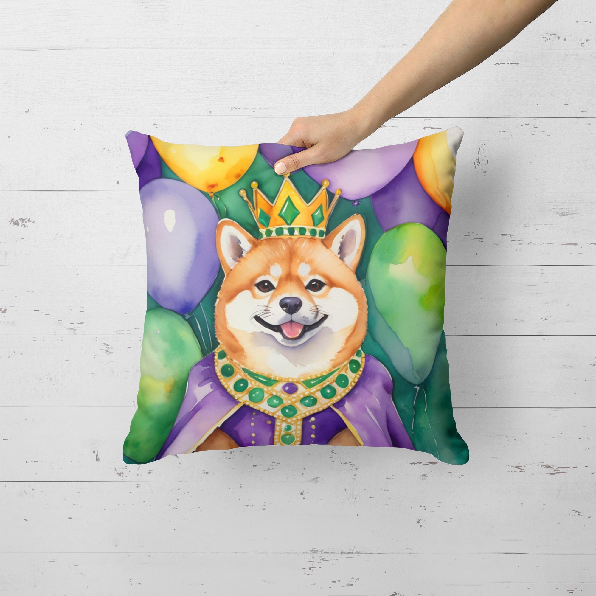 Shiba Inu King of Mardi Gras Decorative Throw Pillow 18x18 Indoor Outdoor Accent Cushion, Fabric Cover with Insert for Sofa, Bed, Porch & Living Room