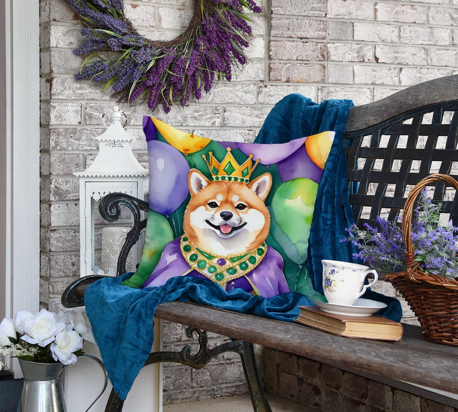Shiba Inu King of Mardi Gras Decorative Throw Pillow 18x18 Indoor Outdoor Accent Cushion, Fabric Cover with Insert for Sofa, Bed, Porch & Living Room