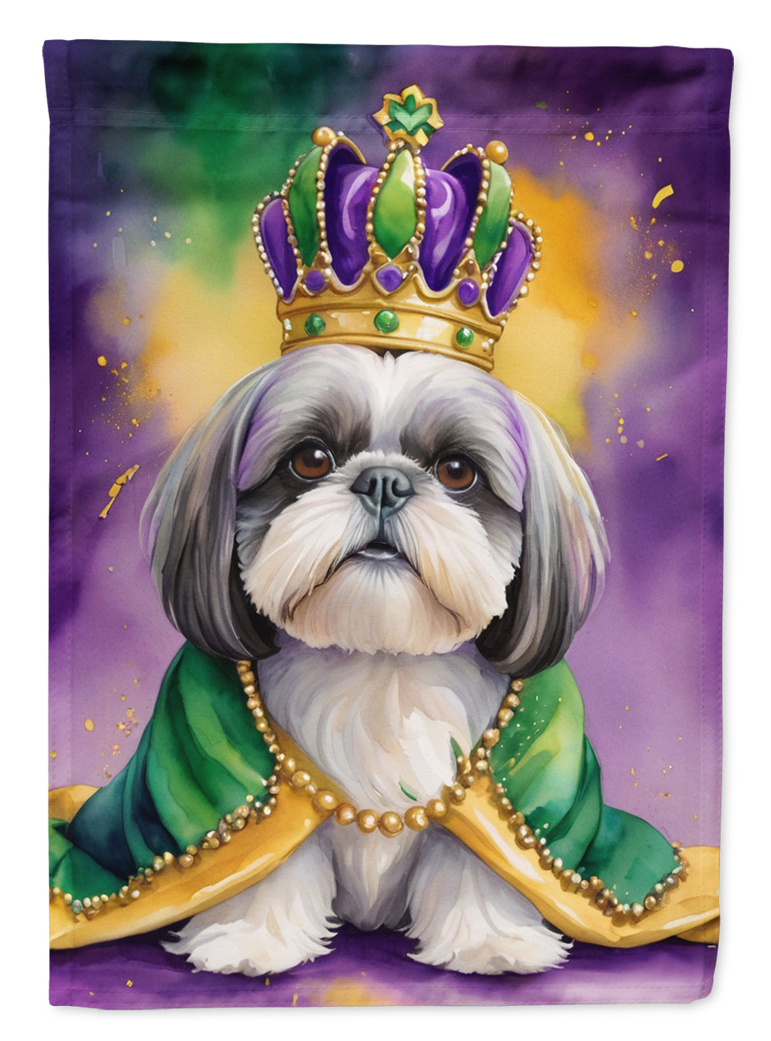 Shih Tzu King of Mardi Gras House Flag 28x40 Porch Sleeve Pole Decorative Outside Yard Banner Artwork Wall Hanging, Polyester