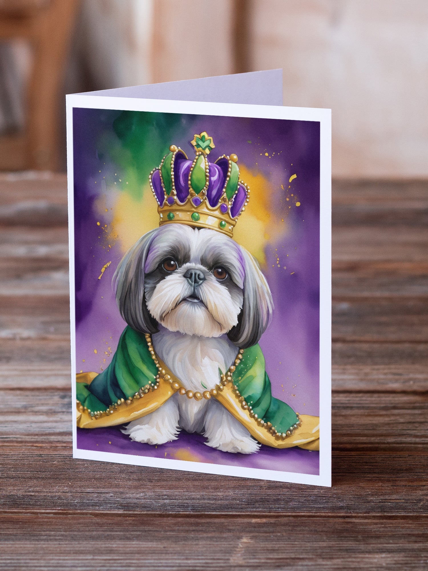 Shih Tzu King of Mardi Gras Greeting Cards Pack of 8 Blank Cards with Envelopes Whimsical A7 Size 5x7