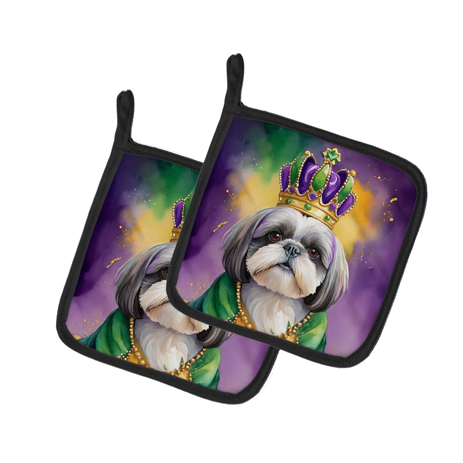 Shih Tzu King of Mardi Gras Pot Holder Set of 2 Heat Resistant Quilted Hot Pads 7.5 x 7.5 Inch, Insulated Kitchen Trivets for Cooking & Baking